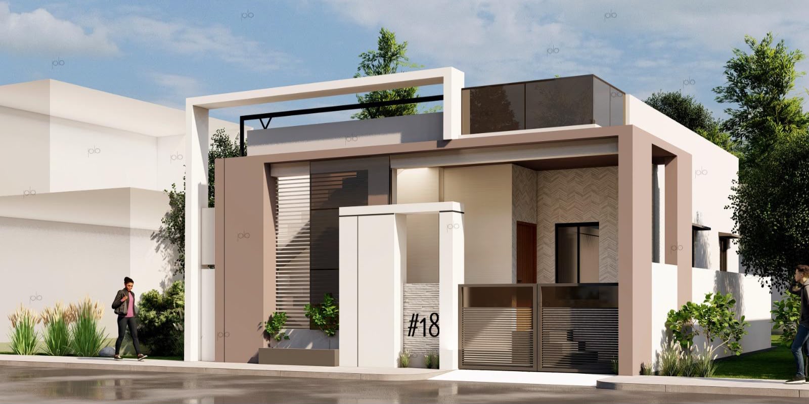 3D design render of a modern independent house elevation, angled street view