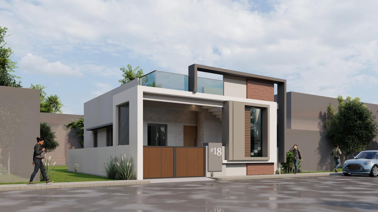 3D design render of a contemporary house with brick accent and timber gate, corner view