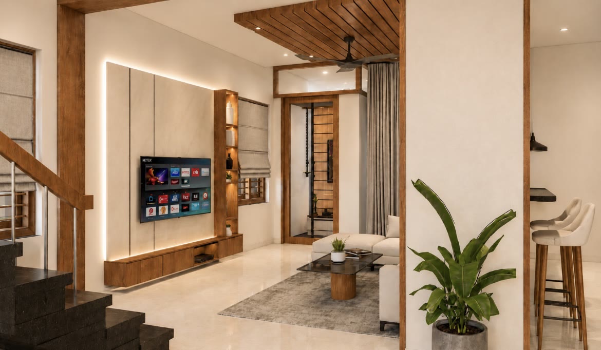 Living room design with backlit TV panel, wooden ceiling and staircase