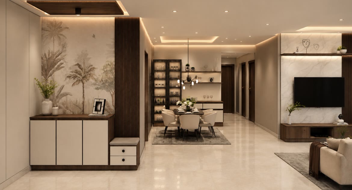 Open-plan foyer, dining and living design with mural wall and shoe cabinet