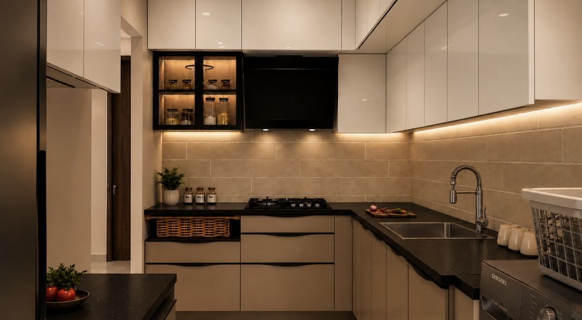 Beige modular kitchen design with glass display cabinets and under-cabinet lighting