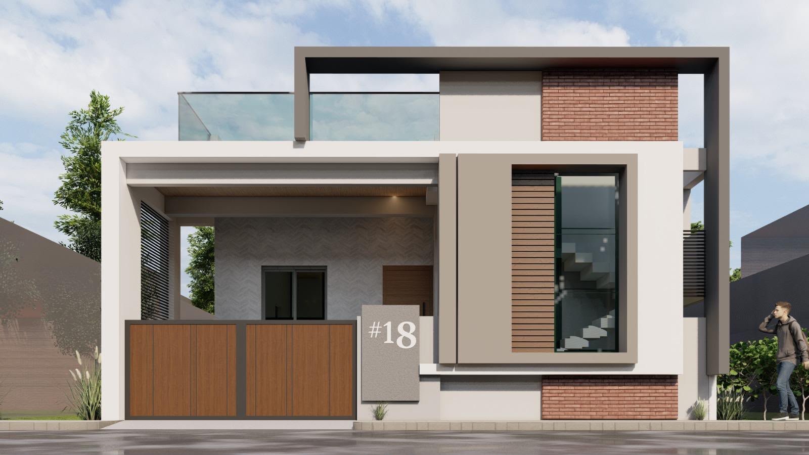 3D design render of a house elevation with exposed brick and timber gate