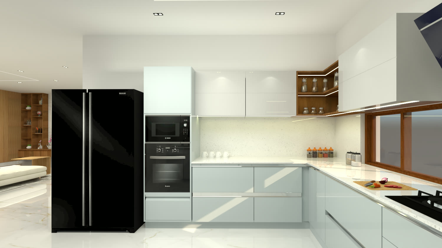 L-shaped white modular kitchen design with tall fridge unit and built-in oven