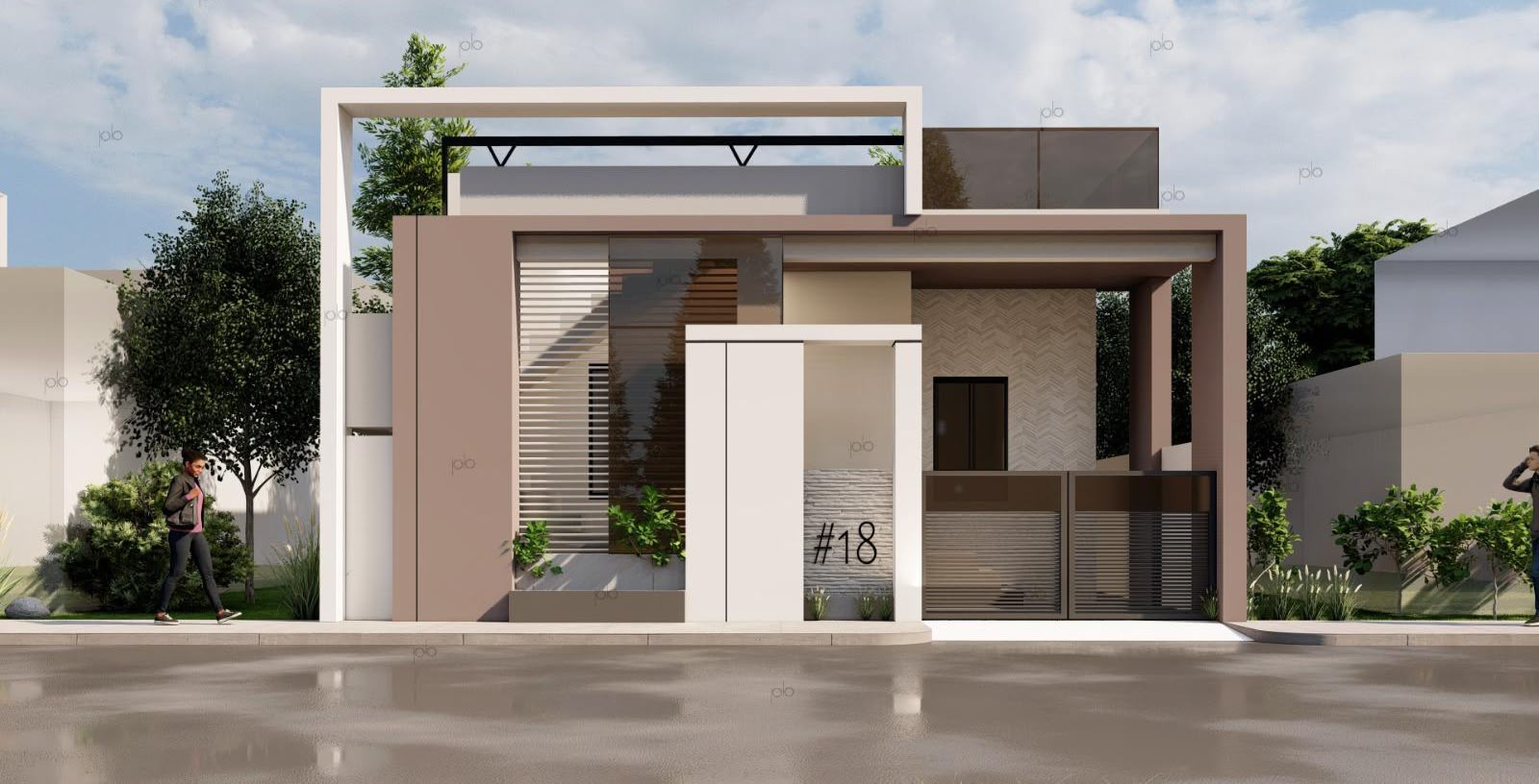 3D design render of a compact modern house front elevation with terrace garden