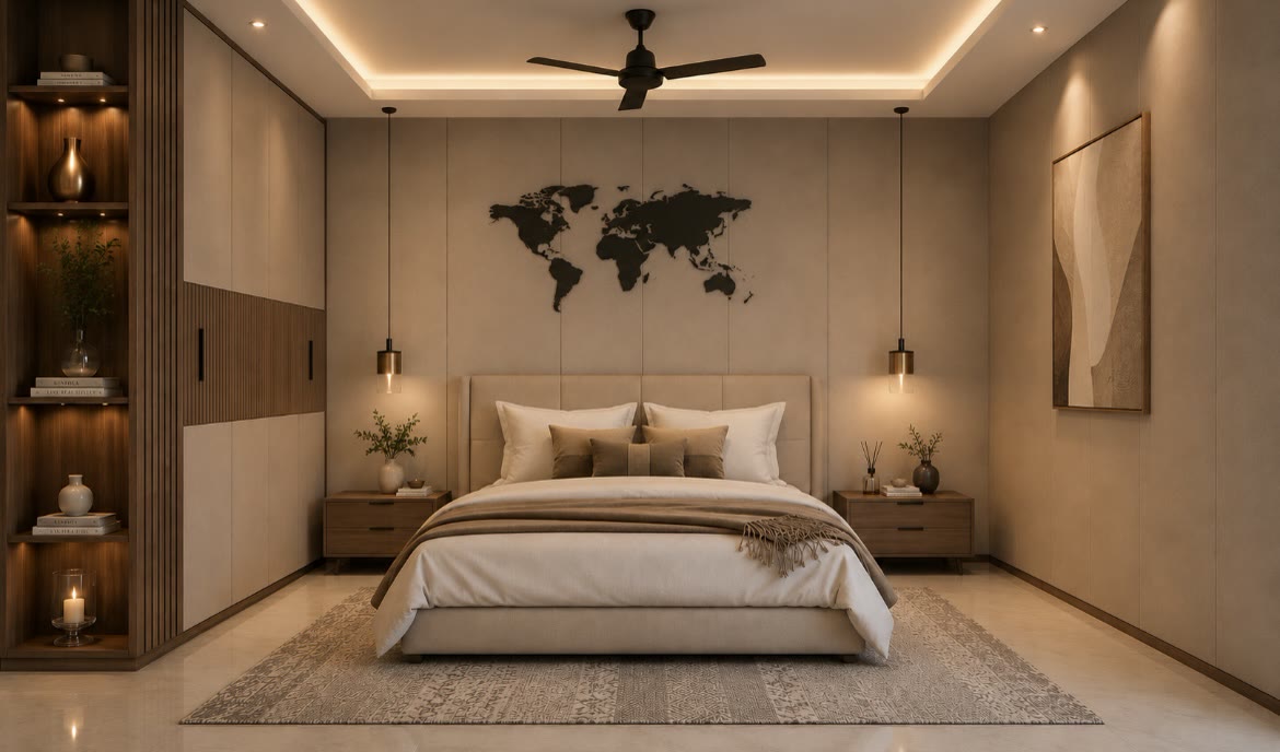 Master bedroom design with world map feature wall and backlit display unit