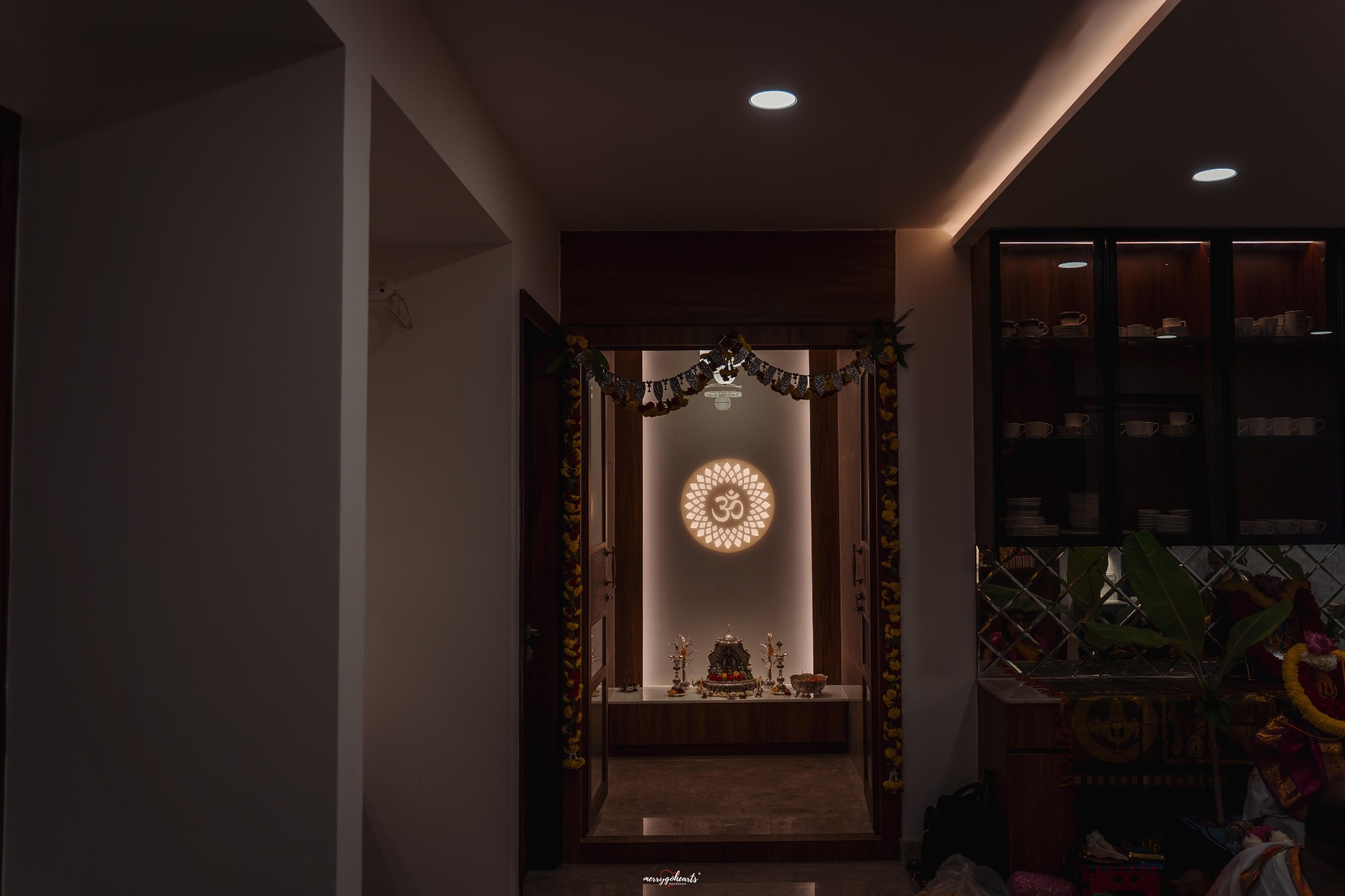 Completed pooja room with backlit Om feature panel