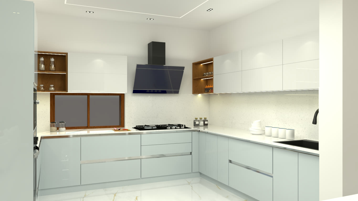 Mint and white modular kitchen design with chimney and open shelving