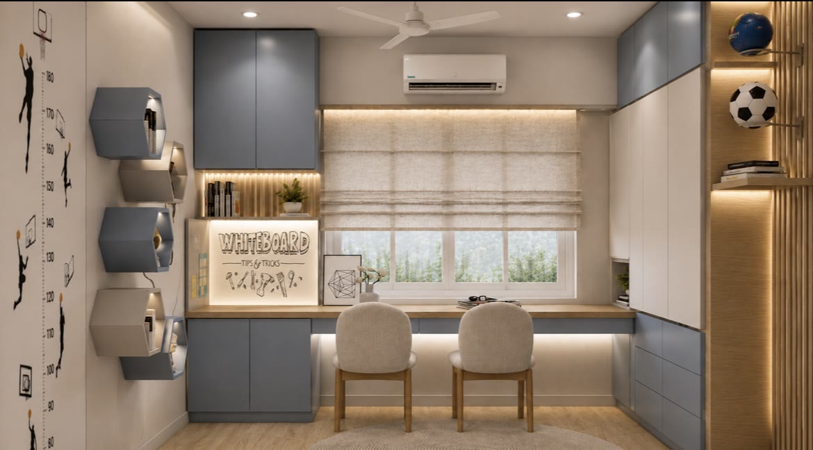 Kids study room design with grey-blue cabinets, whiteboard and twin study chairs