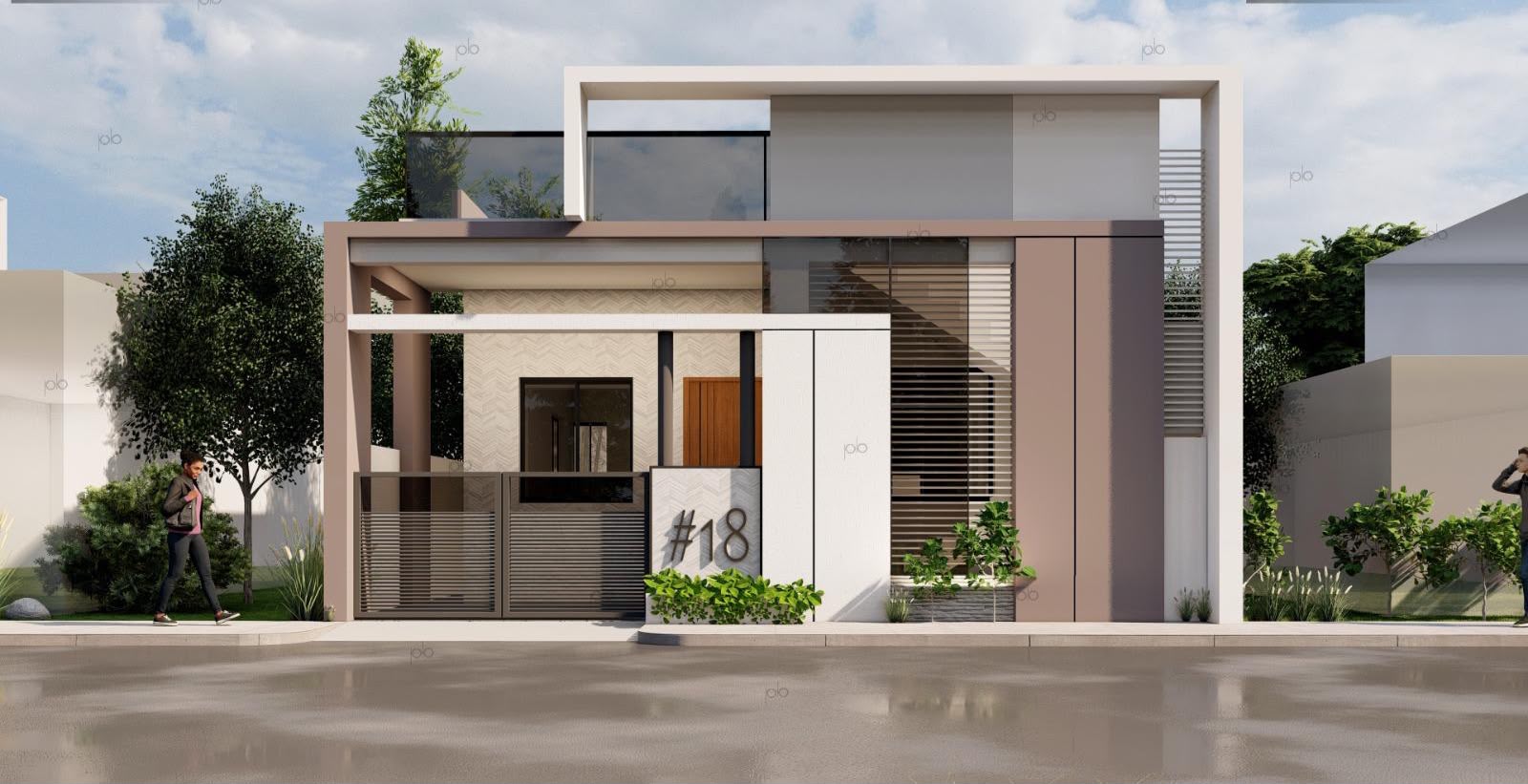 3D design render of a contemporary house front elevation with pergola and screens