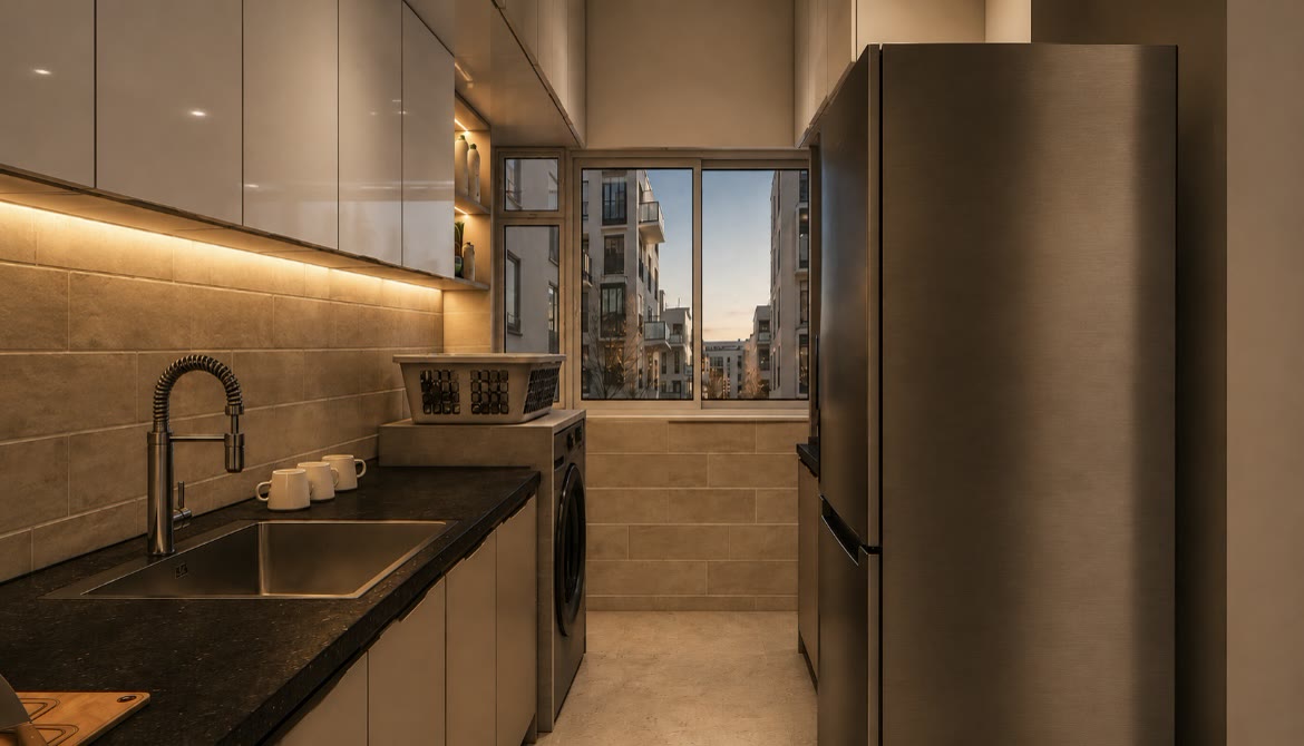 Modular kitchen design with dark stone counter, backlit backsplash and tall units