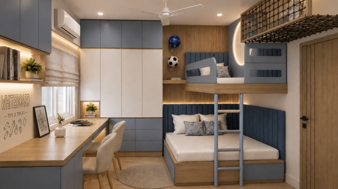 Kids bedroom design with bunk bed, study desk and blue-grey storage